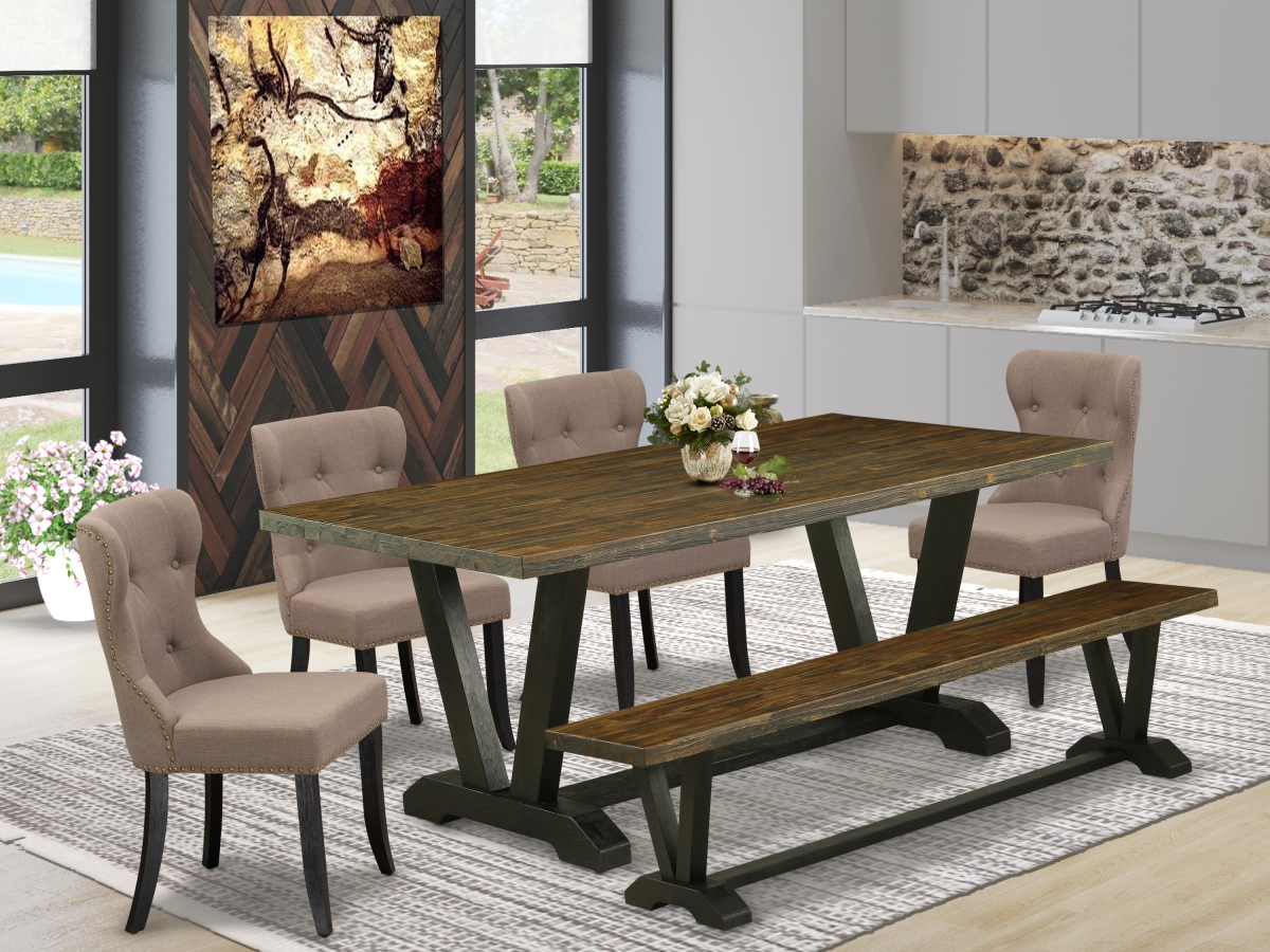 6 Piece V-Style Dining Table Set - Wire Brushed Black