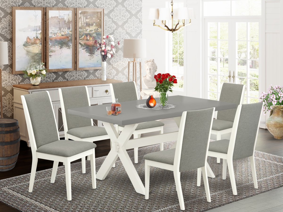 7 Piece X-Style Modern Dining Room Table Set - Linen White