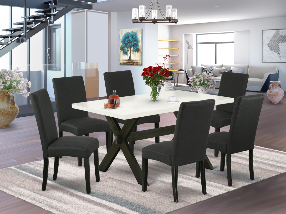 X626DR124-7 7 Piece X-Style Dining Room Table Set - Linen White & Black -  East West Furniture