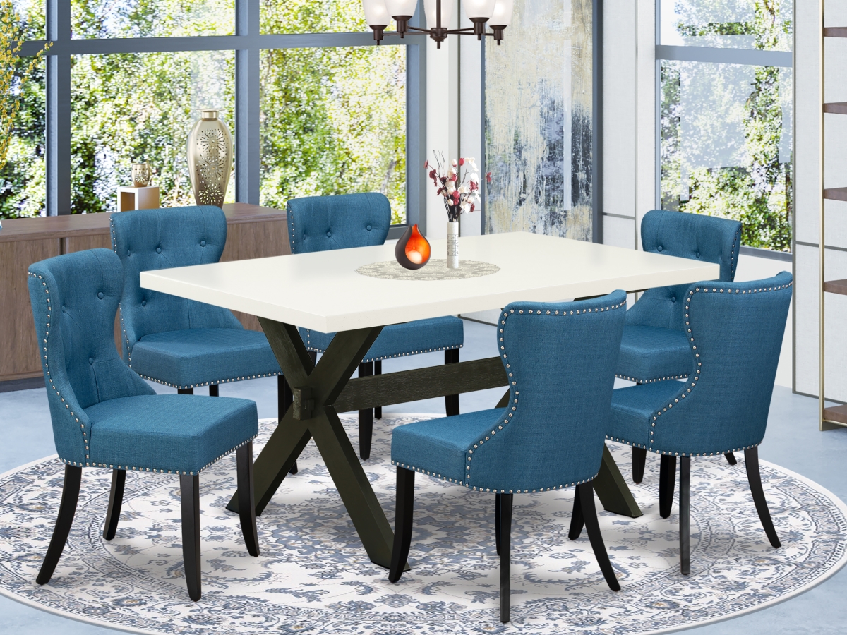 7 Piece X-Style Dining Table Set - Linen White & Black