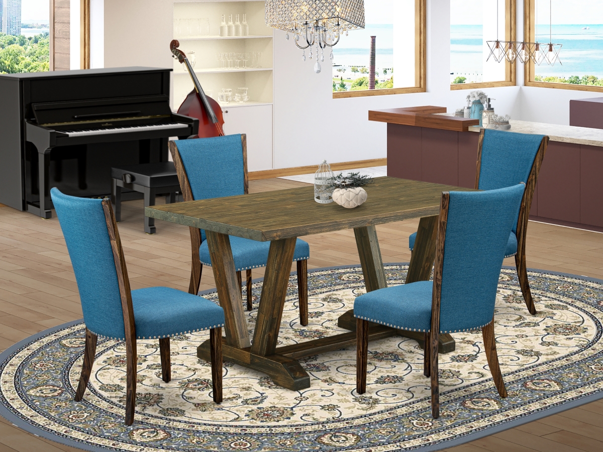 5 Piece V-Style Dining Table Set - Distressed Jacobean & Blue