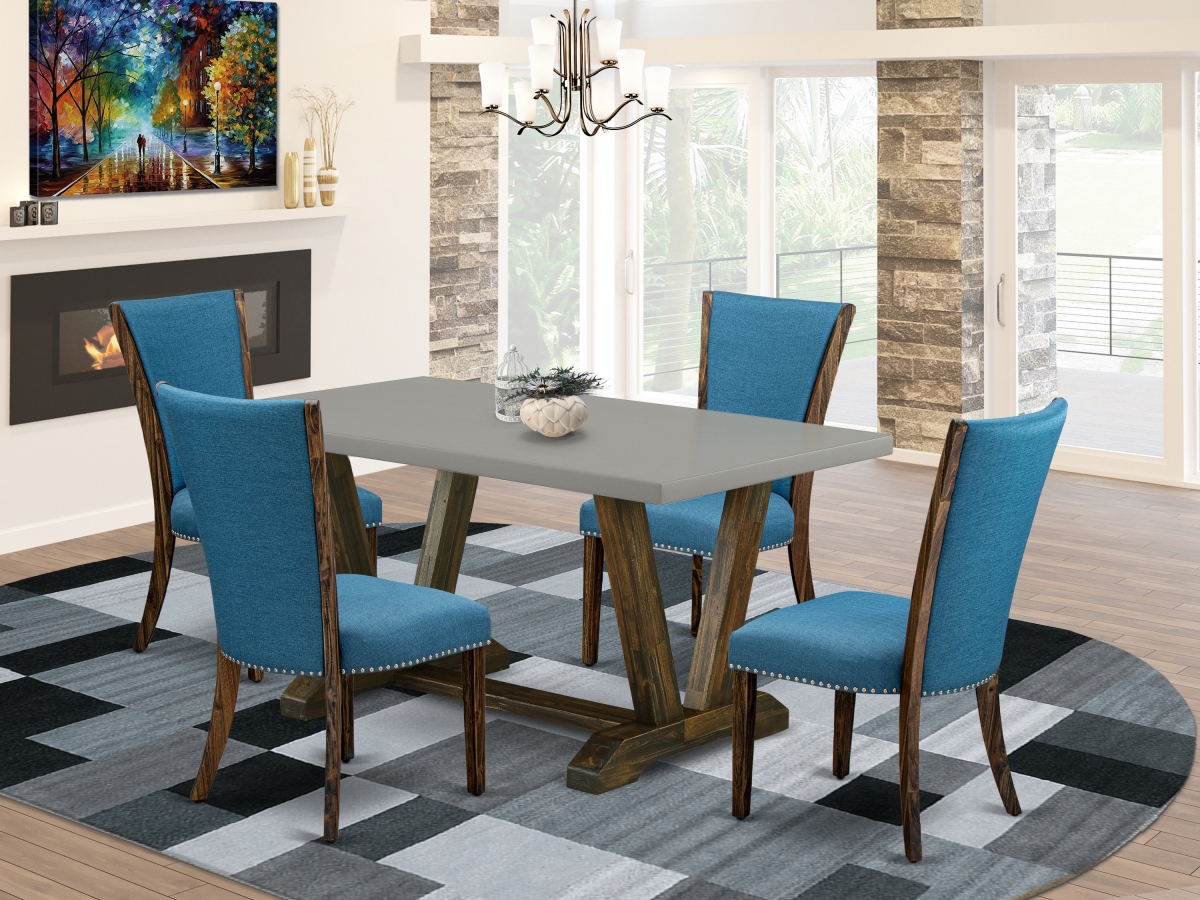 5 Piece V-Style Dining Table Set - Distressed Jacobean, Cement & Blue