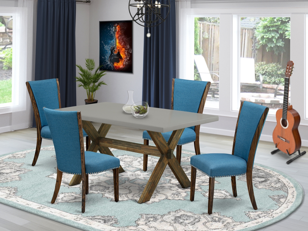 5 Piece X-Style Dining Table Set - Distressed Jacobean, Cement & Blue