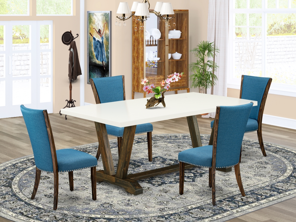 5 Piece V-Style Kitchen Table Set - Distressed Jacobean, Linen White & Blue