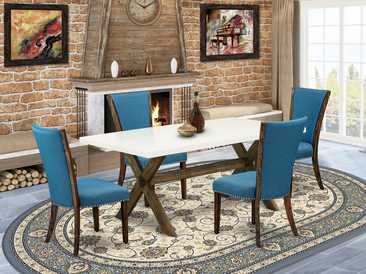 5 Piece X-Style Wood Dining Table Set - Distressed Jacobean, Linen White & Blue
