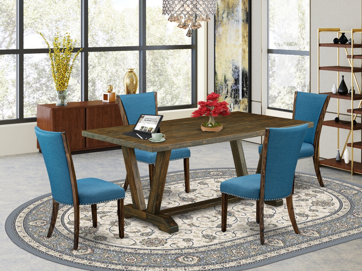 5 Piece V-Style Wood Dining Table Set - Distressed Jacobean & Blue