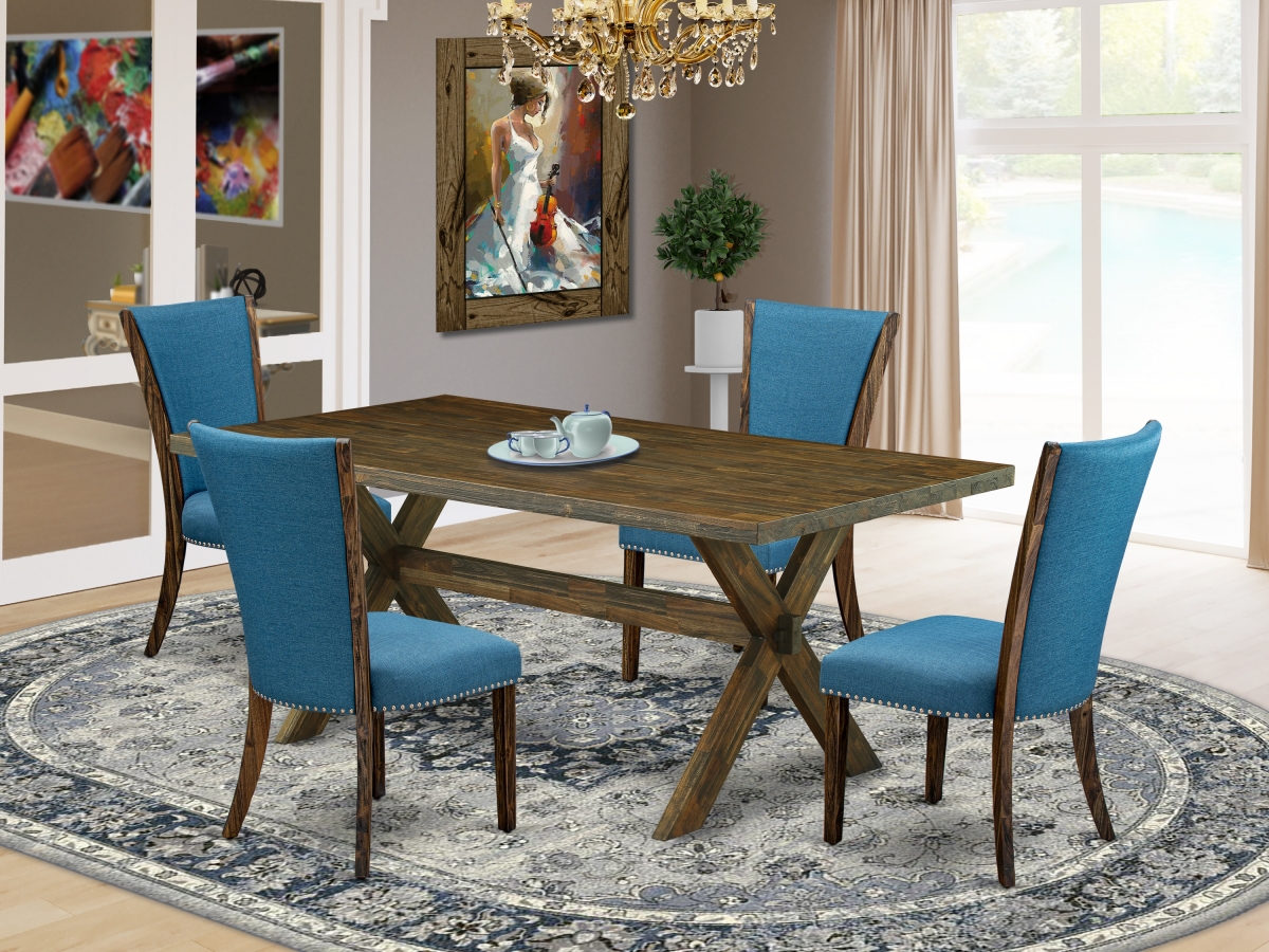 5 Piece X-Style Dining Room Table Set - Distressed Jacobean & Blue