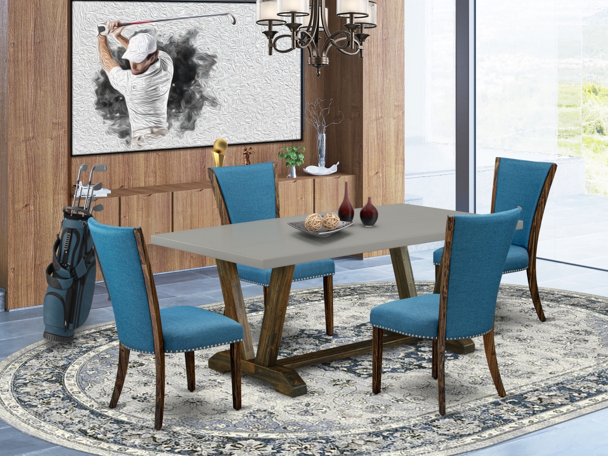 5 Piece V-Style Kitchen Table Set - Distressed Jacobean, Cement & Blue