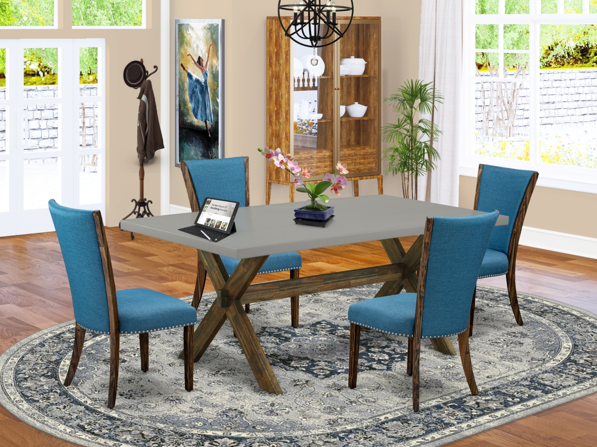 5 Piece X-Style Wood Dining Table Set - Distressed Jacobean, Cement & Blue