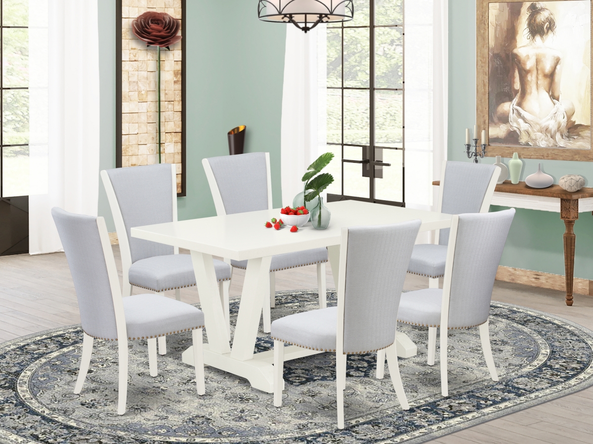 7 Piece V-Style Dining Table Set - Linen White