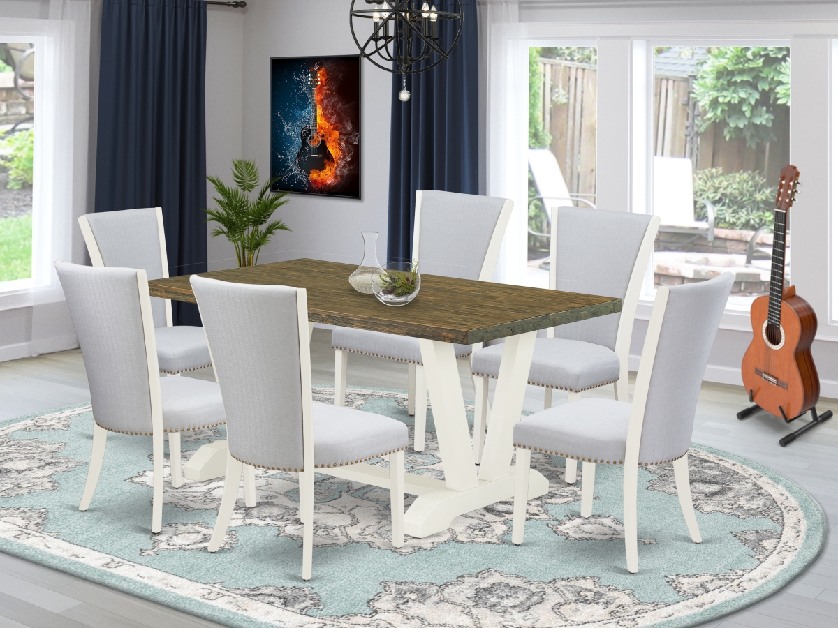 7 Piece V-Style Dining Table Set - Linen White