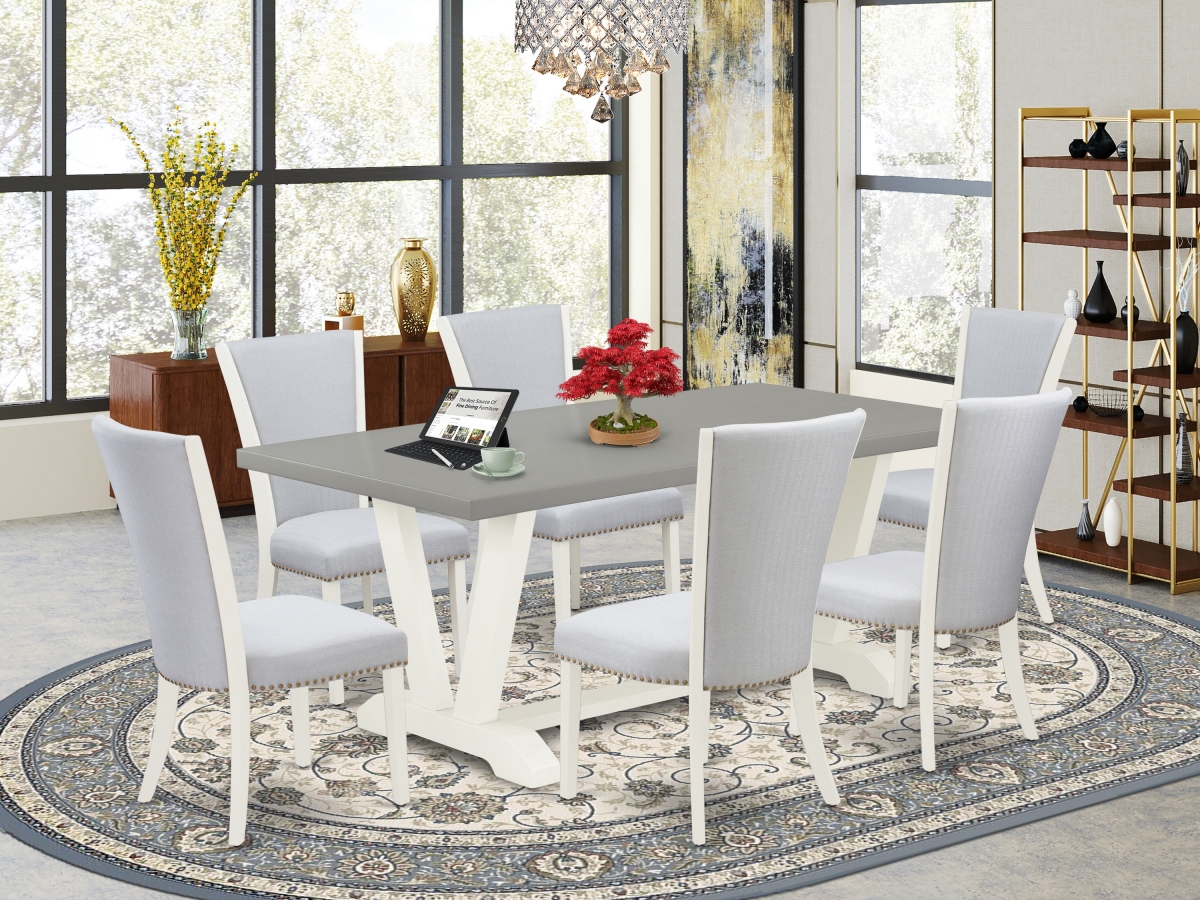 7 Piece V-Style Dining Room Table Set - Linen White