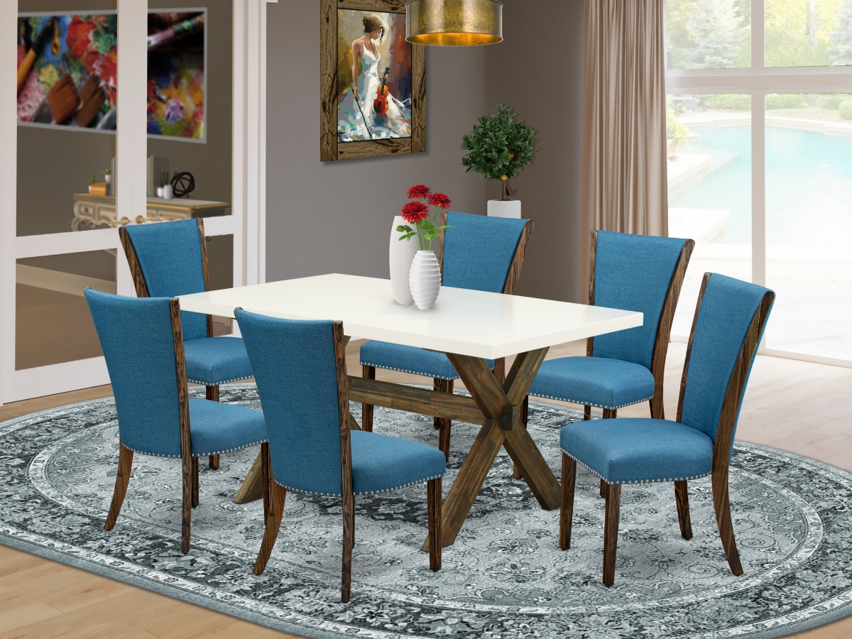 7 Piece X-Style Dinette Set - Distressed Jacobean, Linen White & Blue