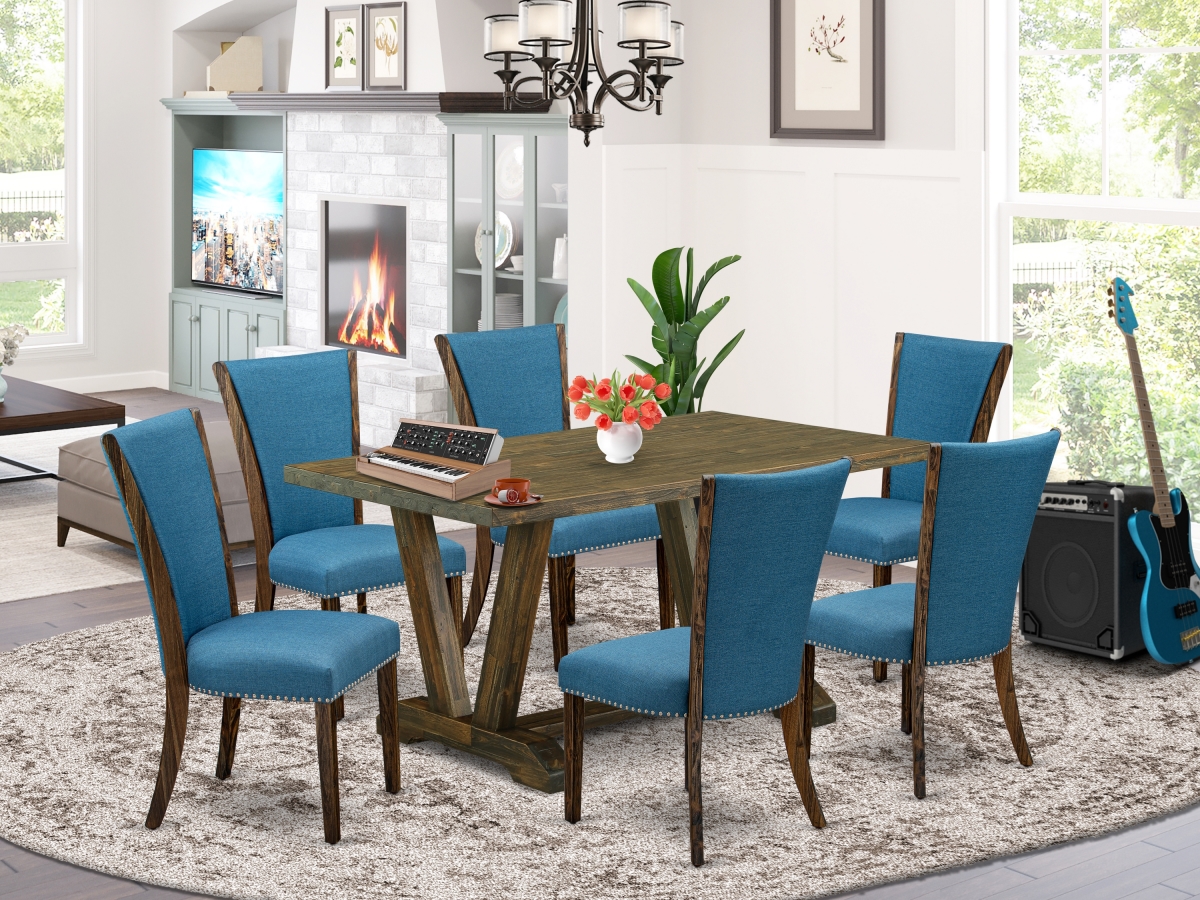 7 Piece V-Style Dinette Set - Distressed Jacobean & Blue