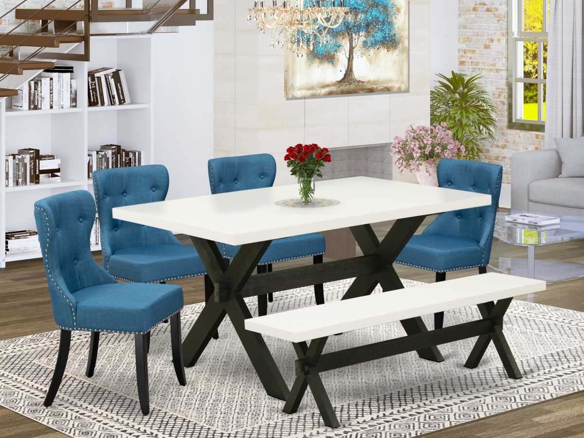6 Piece X-Style Dining Table Set - Linen White & Black