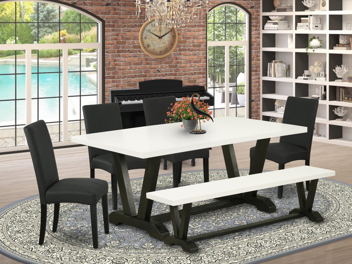 V627DR124-6 6 Piece V-Style Kitchen Dining Room Set - Linen White & Black -  East West Furniture