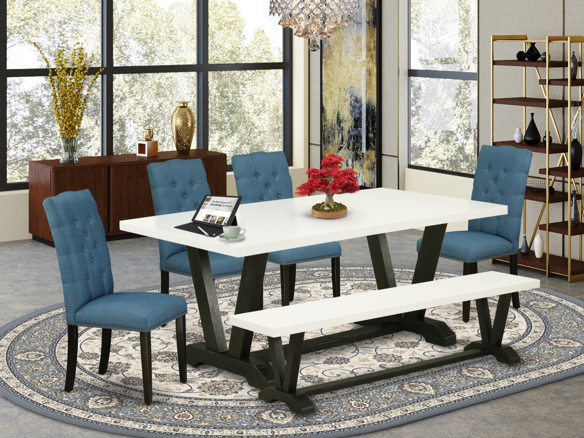 6 Piece V-Style Awesome Dining Table Set - Wire Brushed Black