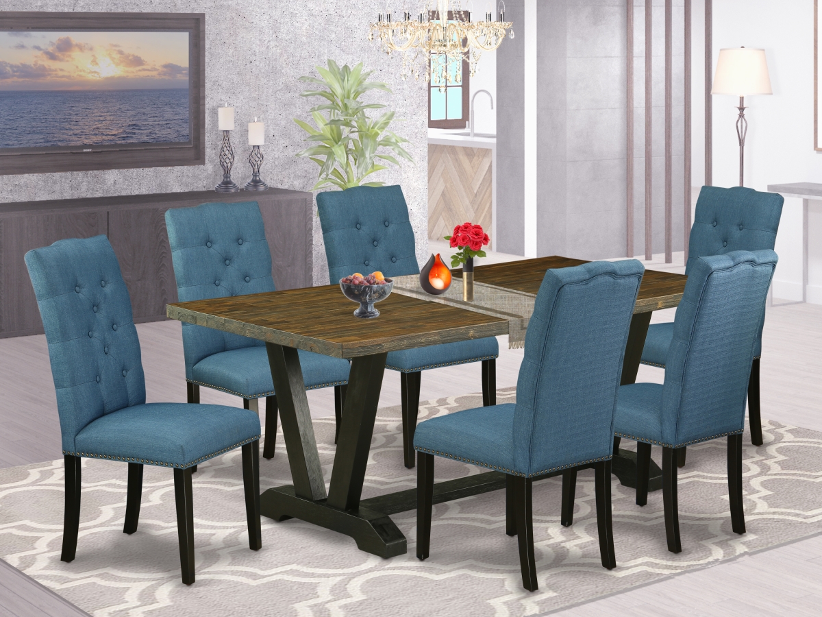 7 Piece V-Style Dining Room Set - Wire Brushed Black