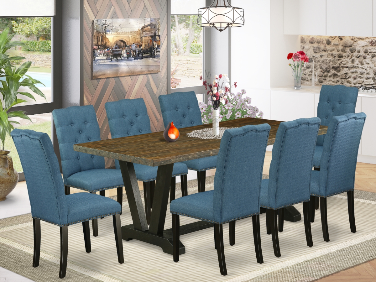 9 Piece V-Style Amazing Dining Table Set - Mineral Blue, Distressed Jacobean & Wire Brushed Black