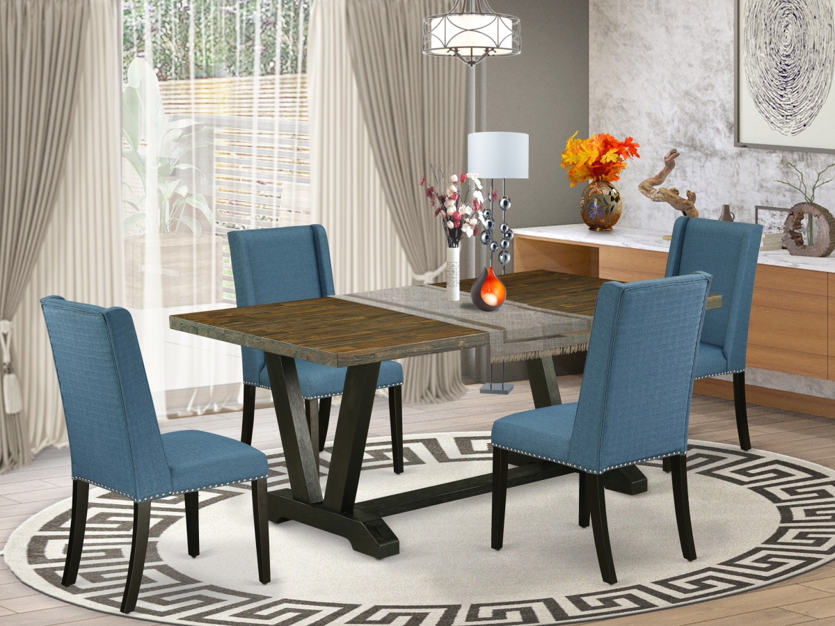 5 Piece V-Style Awesome Kitchen Table Set - Mineral Blue, Distressed Jacobean & Wire Brushed Black