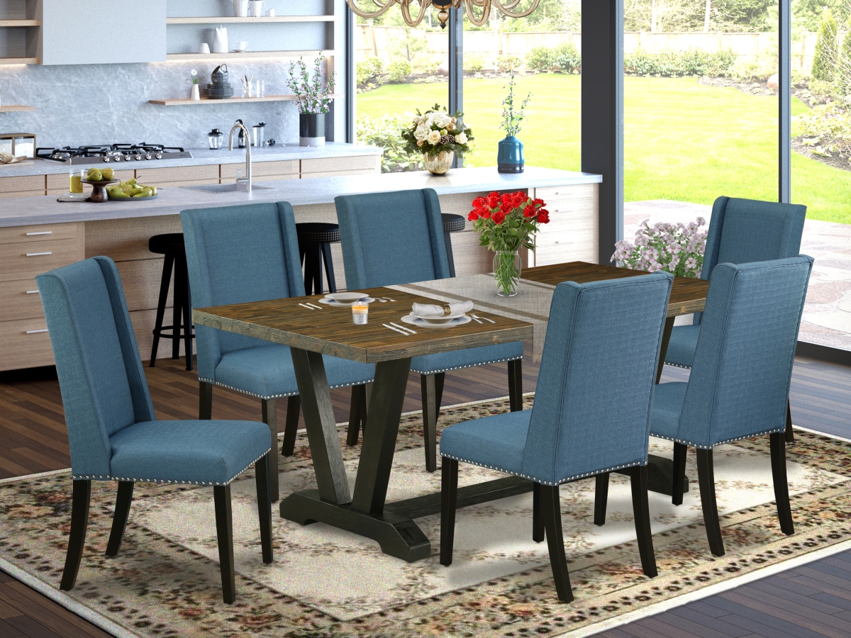 V677FL121-7 7 Piece V-Style Beautiful Rectangular Dining Room Table Set - Mineral Blue, Distressed Jacobean & Wire Brushed Black