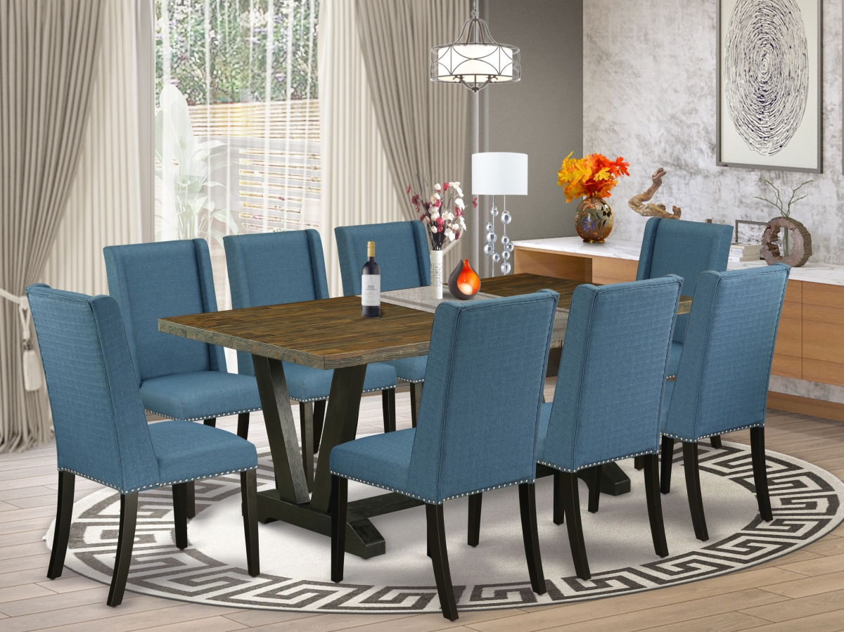 V677FL121-9 9 Piece V-Style Amazing Dining Table Set - Mineral Blue, Distressed Jacobean & Wire Brushed Black