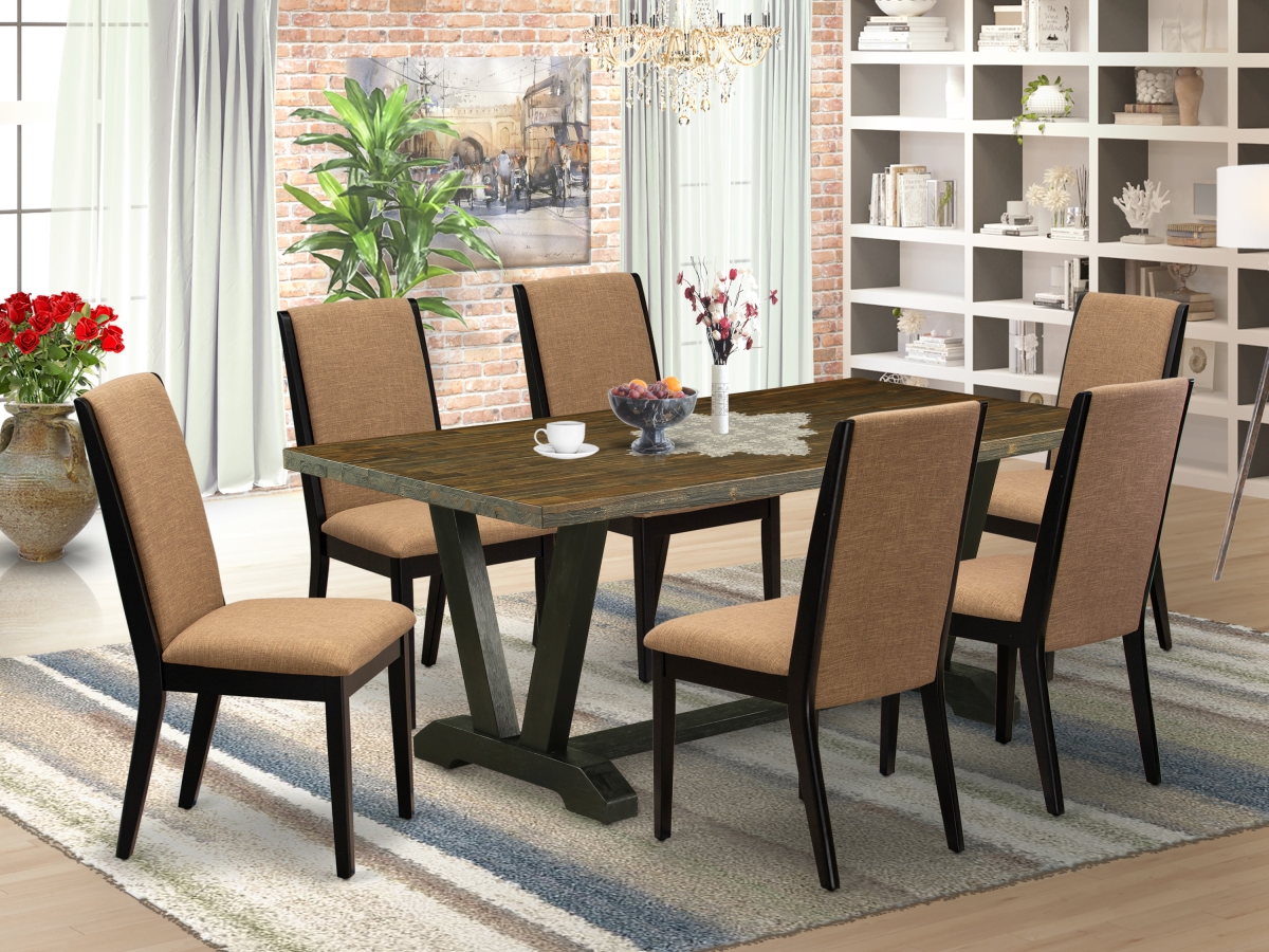 V677LA147-7 7 Piece V-Style Amazing Dining Room Table Set - Light Sable, Distressed Jacobean & Wire Brushed Black