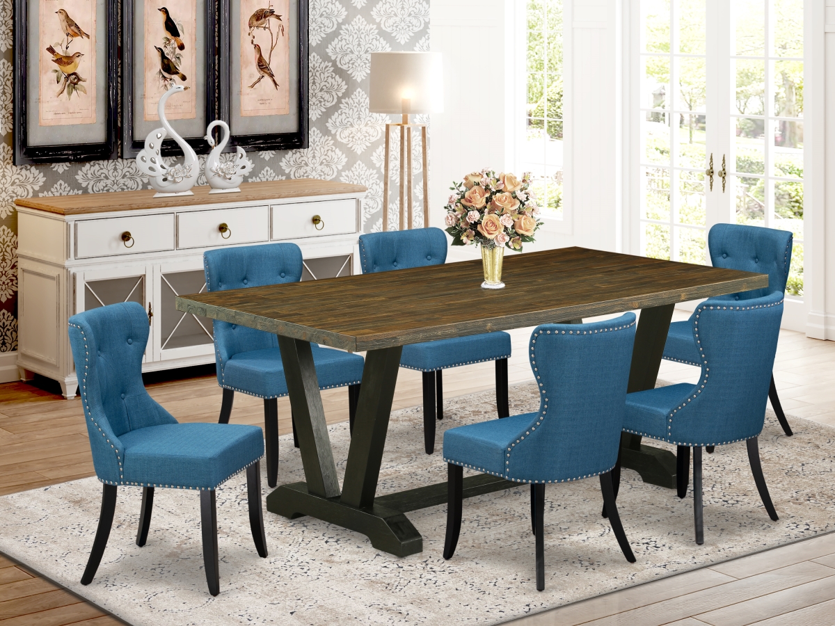 7 Piece V-Style Modern Dining Table Set - Distressed Jacobean & Black