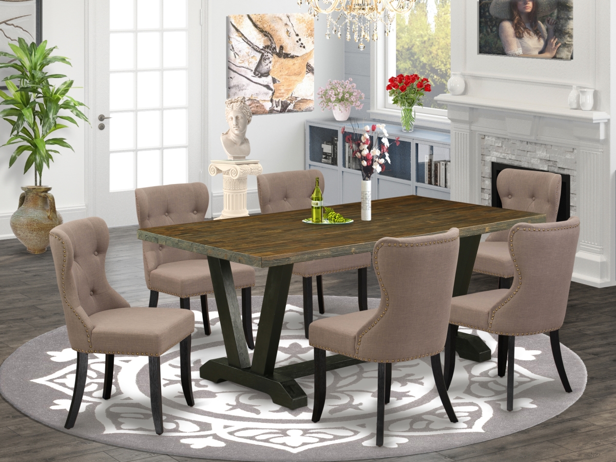 7 Piece V-Style Kitchen Dining Set - Wire Brushed Black