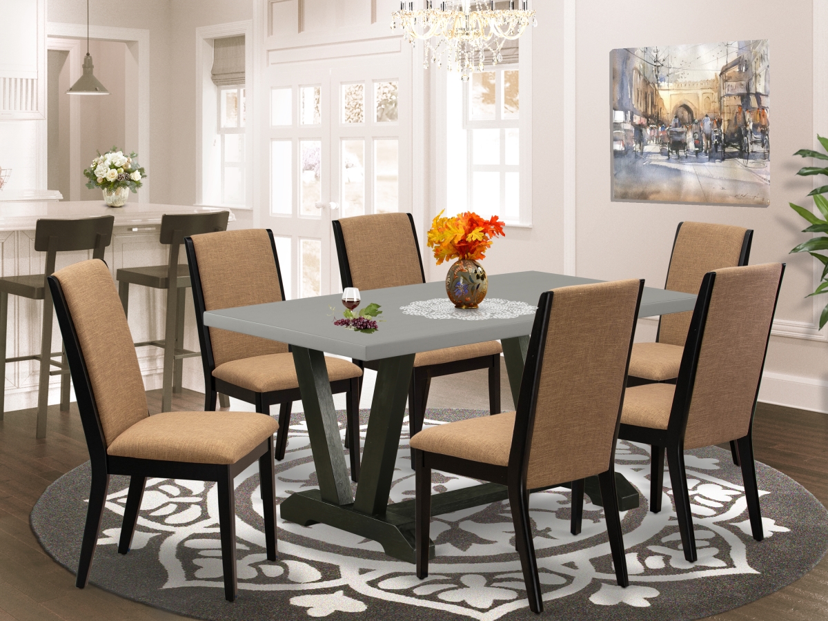 7 Piece V-Style Amazing Dining Room Table Set - Light Sable, Cement & Wire Brushed Black
