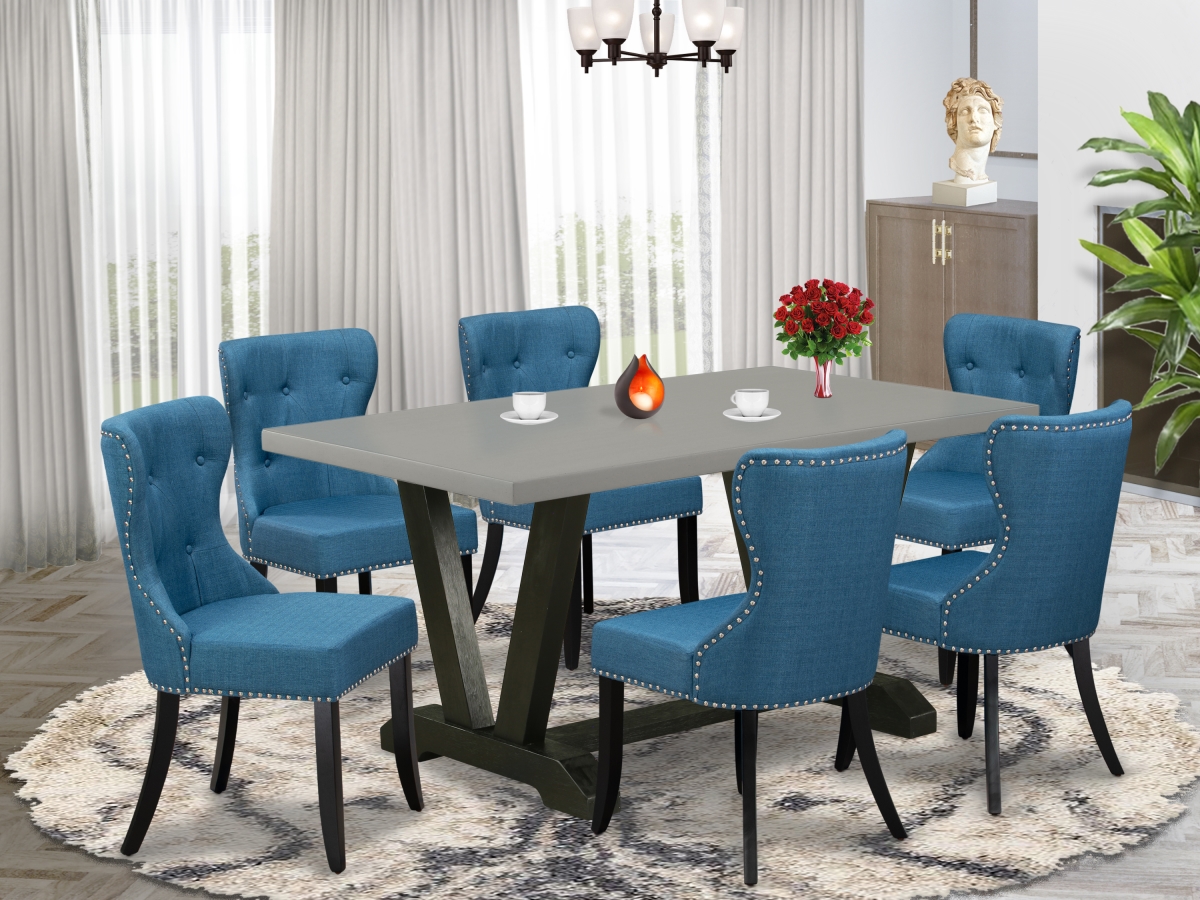 7 Piece V-Style Dining Table Set - Cement & Black