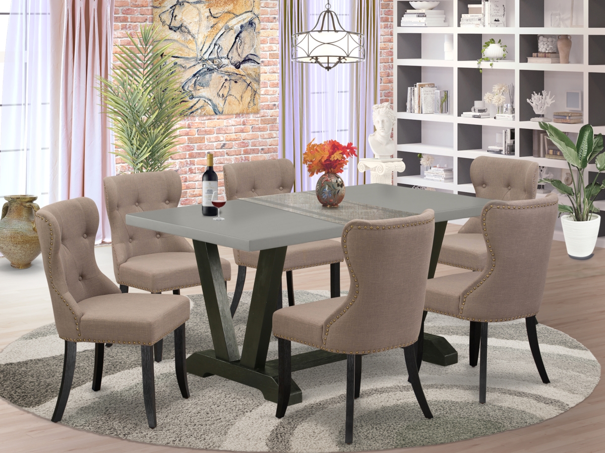 7 Piece V-Style Kitchen Dining Room Set - Wire Brushed Black