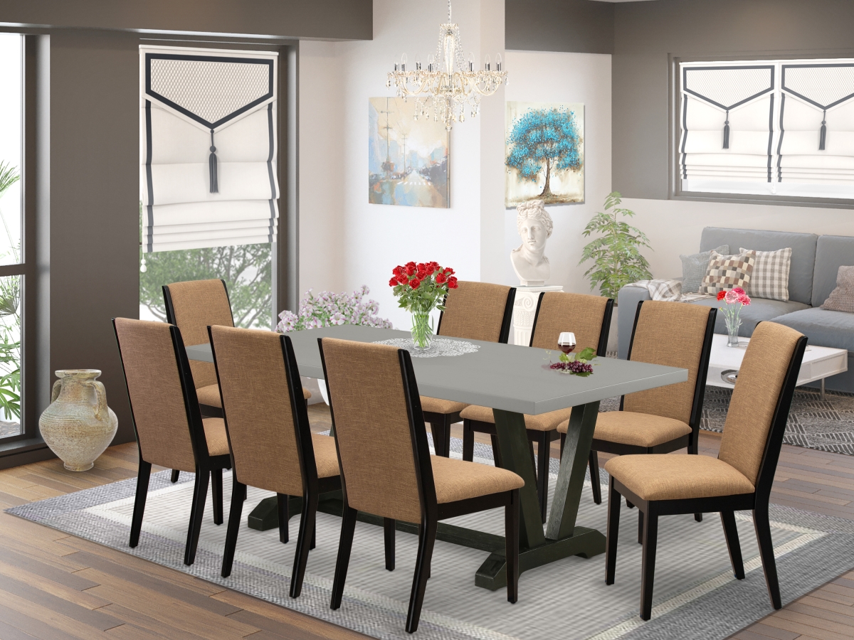 9 Piece V-Style Stylish Dining Table Set - Light Sable, Cement & Wire Brushed Black