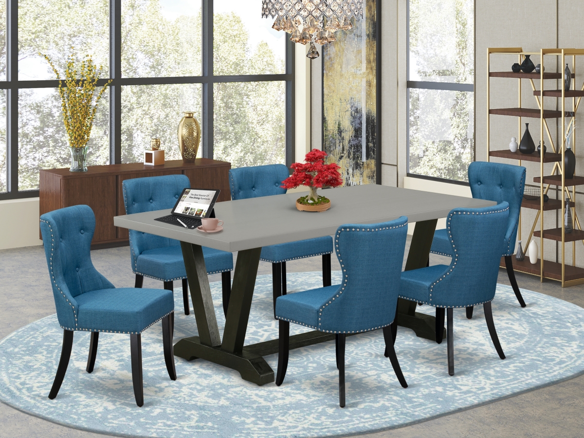 7 Piece V-Style Dining Room Table Set - Cement & Black