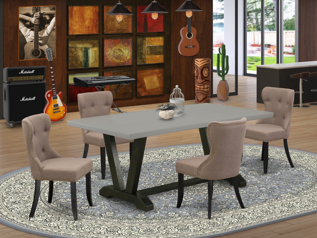 V697SI648-5 5 Piece V-Style Dining Table Set - Cement & Wire Brushed Black -  East West Furniture