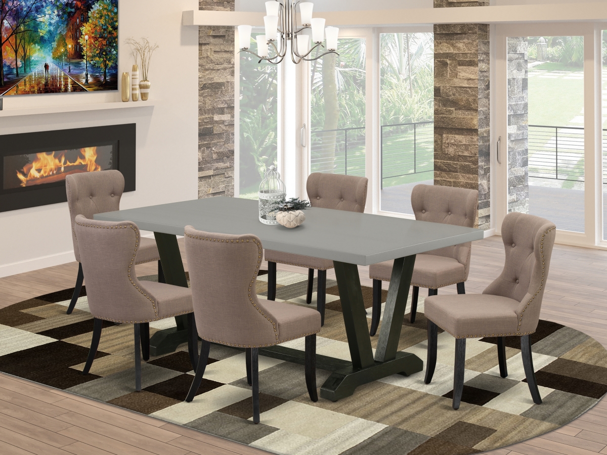7 Piece V-Style Dining Room Table Set - Wire Brushed Black