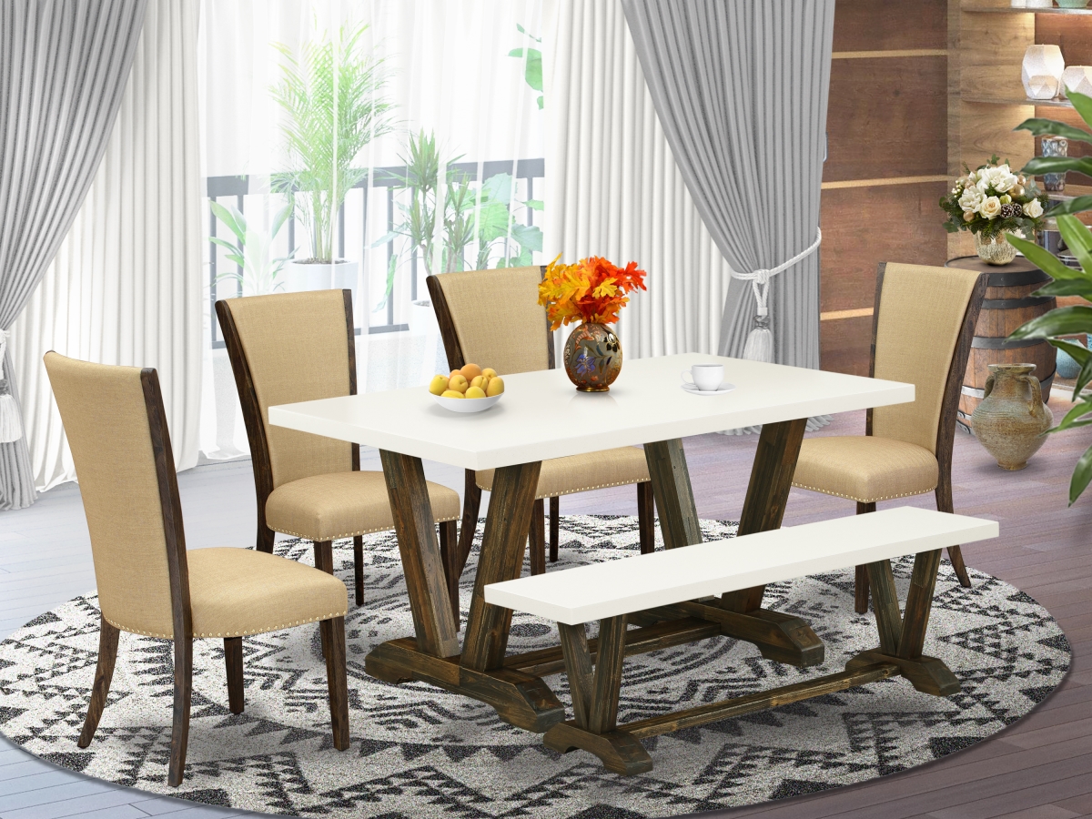 V726VE703-6 6 Piece V-Style Dining Room Table Set - Distressed Jacobean -  East West Furniture