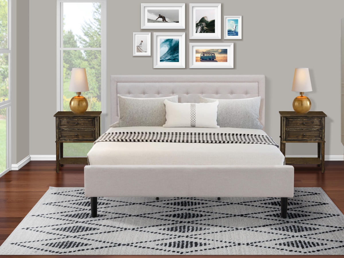 3 Piece Fannin Platform King Size Bedroom Set - Mist Beige, Black & Distressed Jacobean