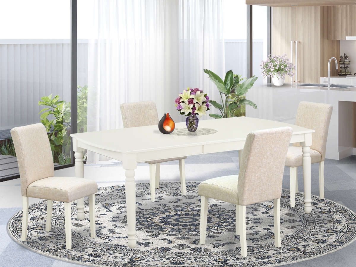 60-78 in. Dover Rectangular Table with 18 in. Leaf & Four Parson Chair with Linen White Leg & Linen Fabric - Light Beige, 5 Piece