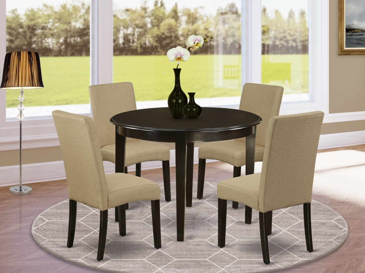 42 in. Boston Round Kitchen Table & Four Parson Chair with Cappuccino Leg & Linen Fabric - Brown, 5 Piece