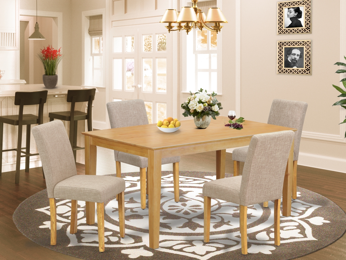 60 in. Capri Rectangle Dining Room Table & 4 Parson Chair with Oak Leg & Linen Fabric - Light Fawn, 5 Piece