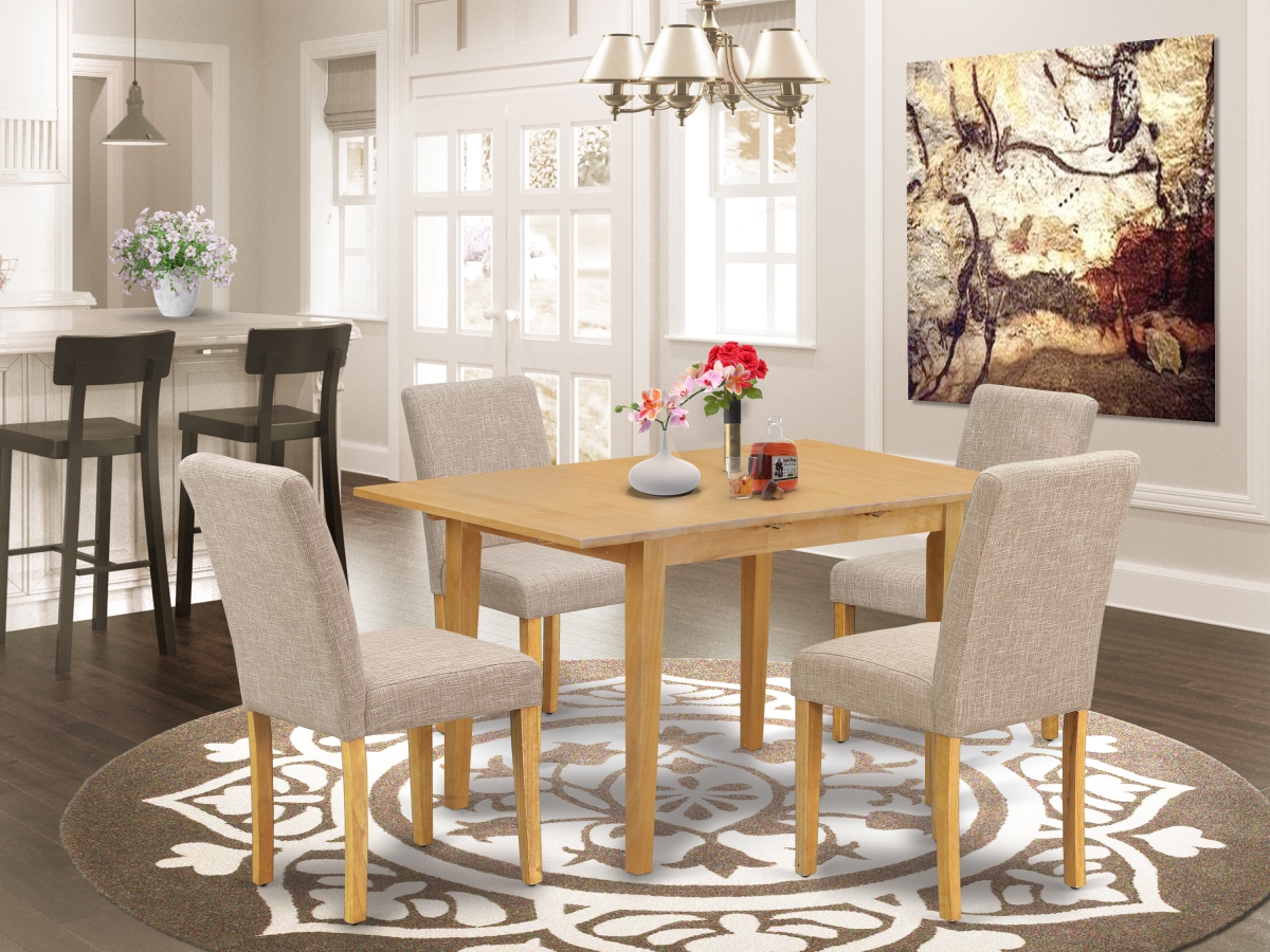 42 & 53.5 in. Norfolk Rectangle Dinette Table with 12 in. Leaf & Four Parson Chair with Oak Leg & Linen Fabric - Light Fawn, 5 Piece