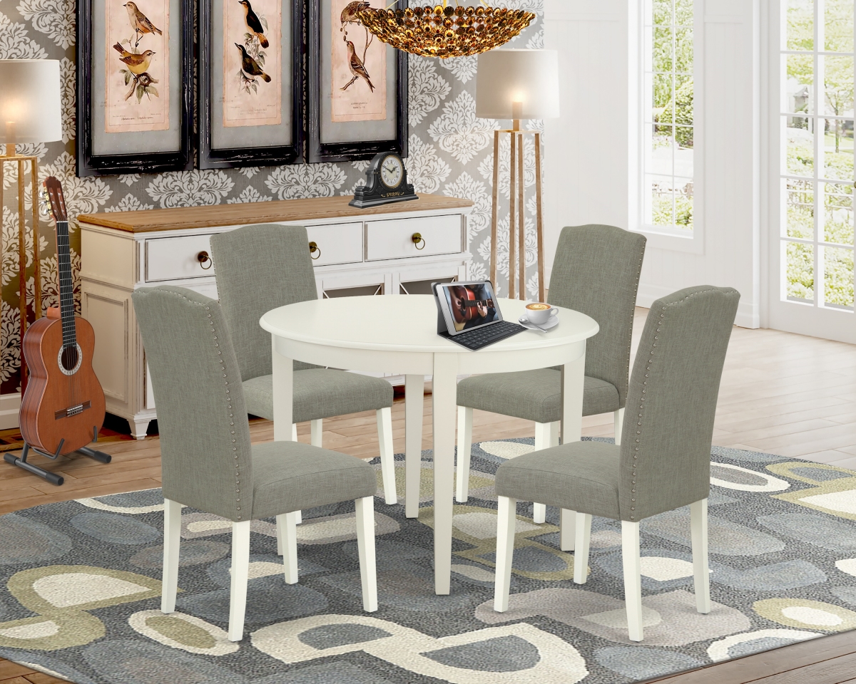42 in. Boston Round Kitchen Table & Four Parson Chair with Linen White Leg & Linen Fabric - Dark Shitake, 5 Piece