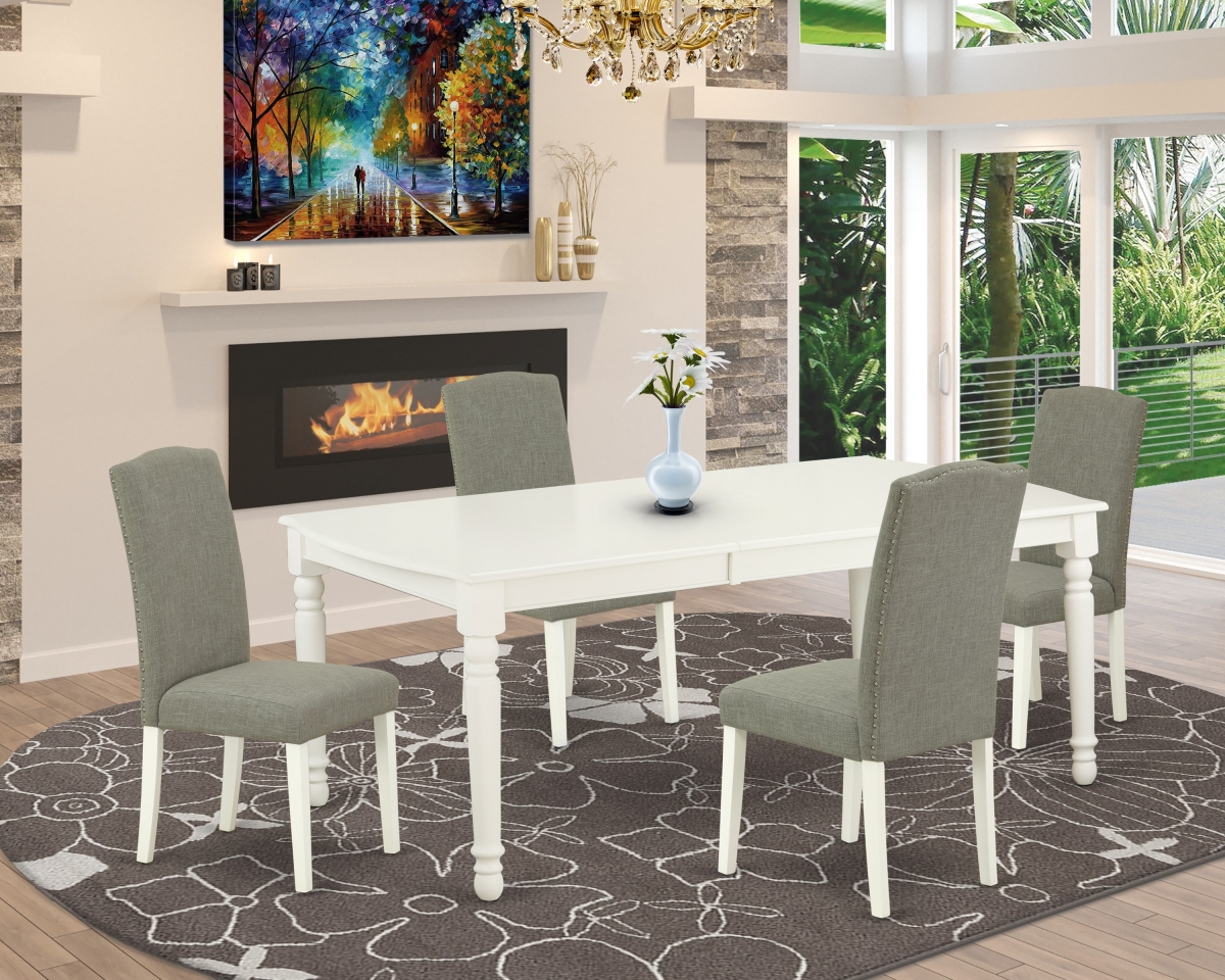 DOEN5-LWH-06 60-78 in. Dover Rectangular Table with 18 in. Leaf & Four Parson Chair with Linen White Leg & Linen Fabric - Dark Shitake, 5 Piece