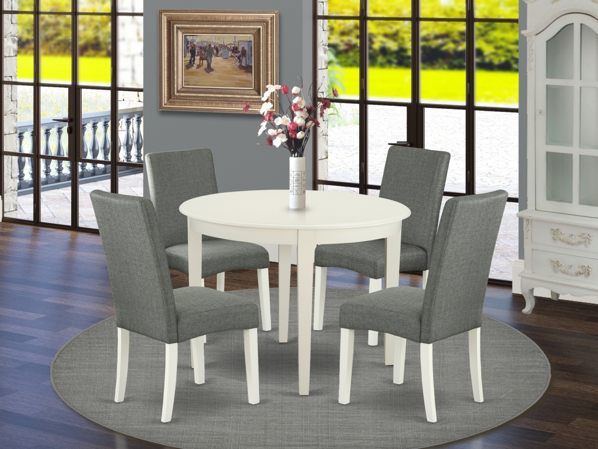 42 in. Boston Round Kitchen Table & Four Parson Chair with Linen White Leg & Linen Fabric - Gray, 5 Piece