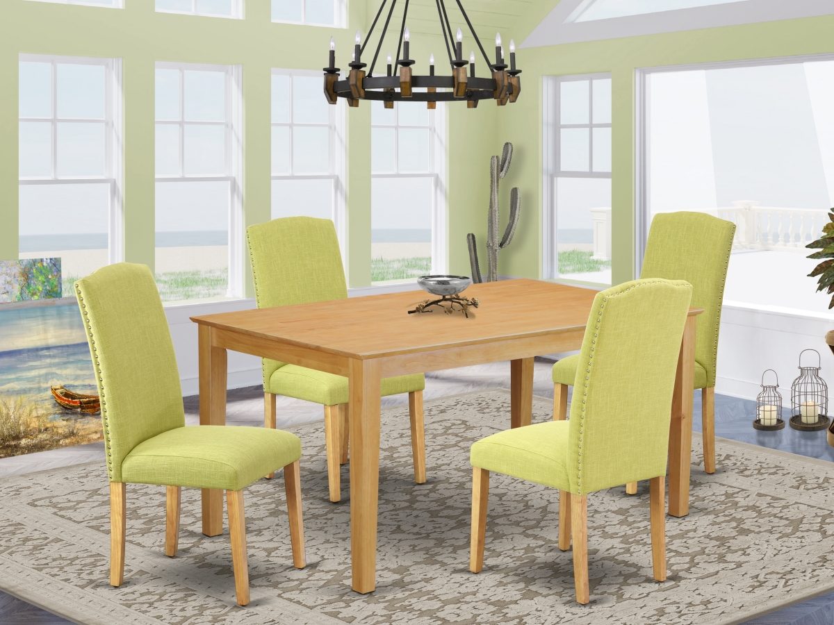 CAEN5-OAK-07 60 in. Capri Rectangle Dining Room Table & 4 Parson Chair with Oak Leg & Linen Fabric - Limelight, 5 Piece