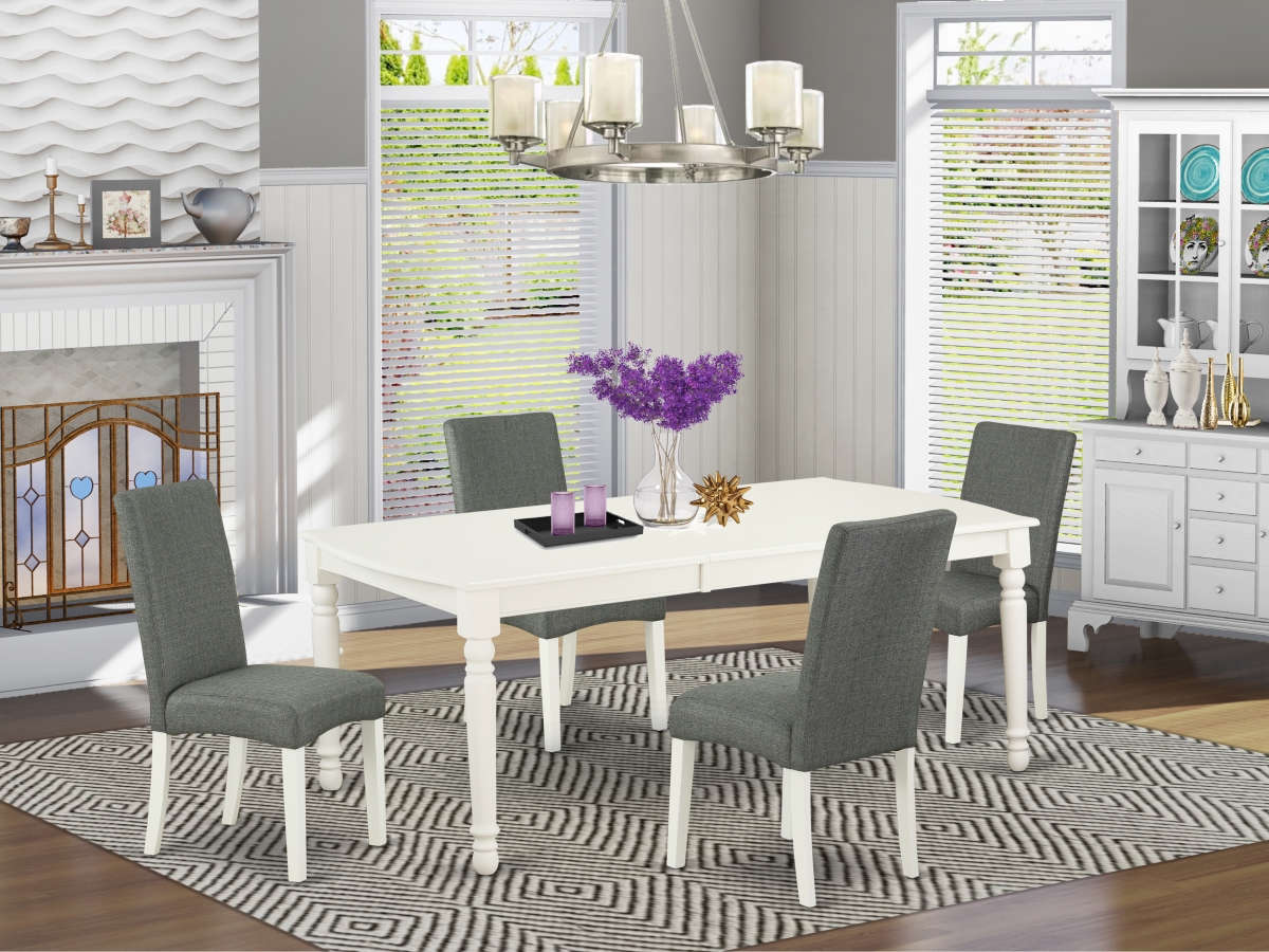 DODR5-LWH-07 60-78 in. Dover Rectangular Table with 18 in. Leaf & Four Parson Chair with Linen White Leg & Linen Fabric - Gray, 5 Piece