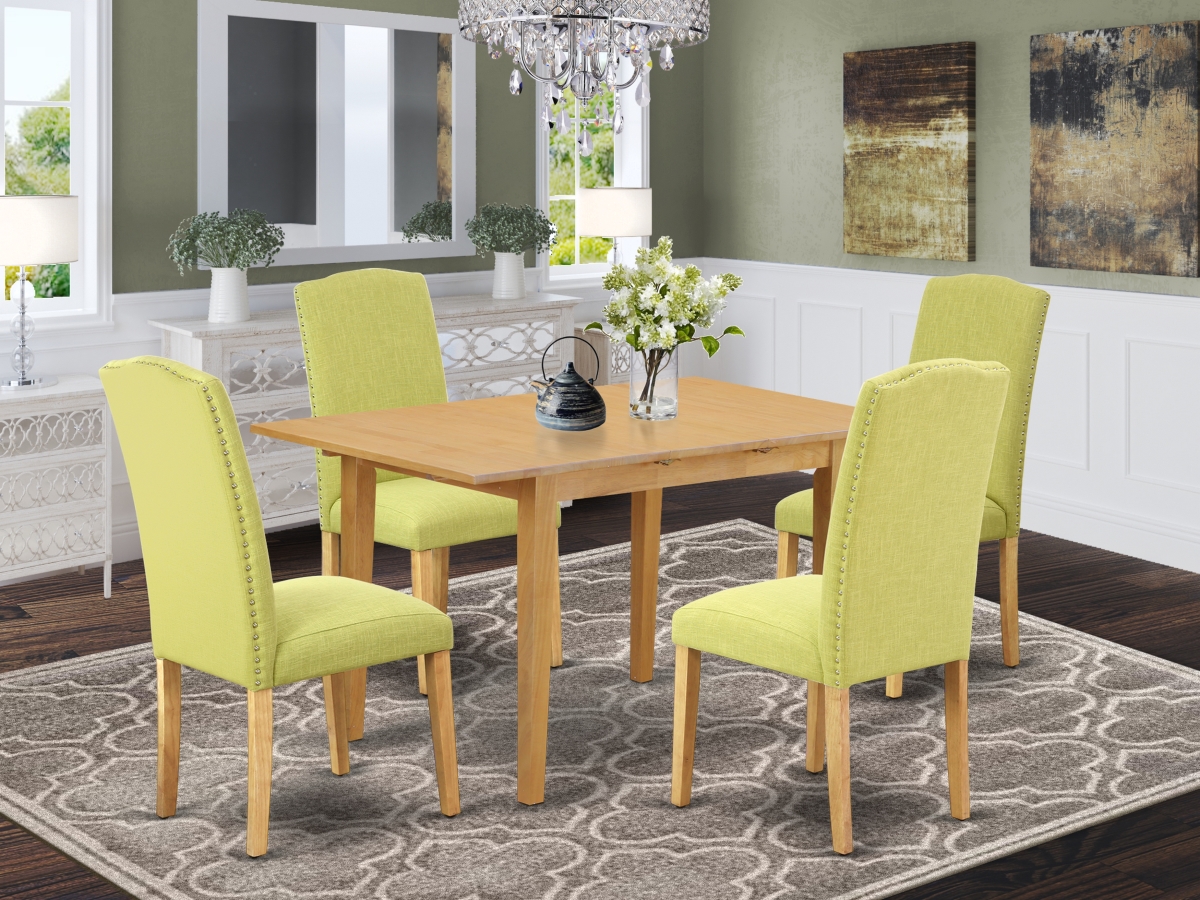 42 & 53.5 in. Norfolk Rectangle Dinette Table with 12 in. Leaf & Four Parson Chair with Oak Leg & Linen Fabric - Limelight, 5 Piece