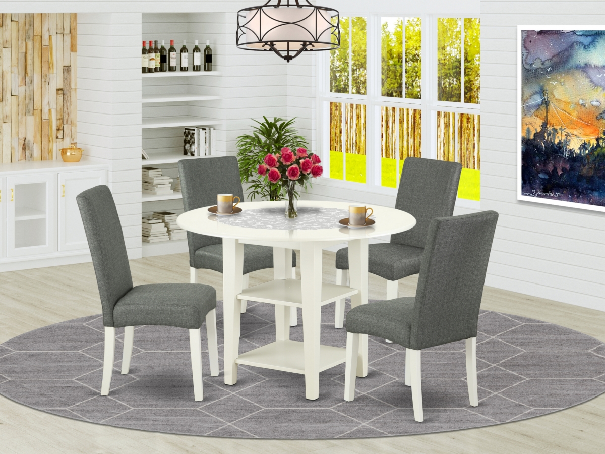 20-42 in. Sudbury Round Dining Room Table with Two 11 in. Drop Leaves & Four Parson Chair with Linen White Leg & Linen Fabric - Gray, 5 Piece