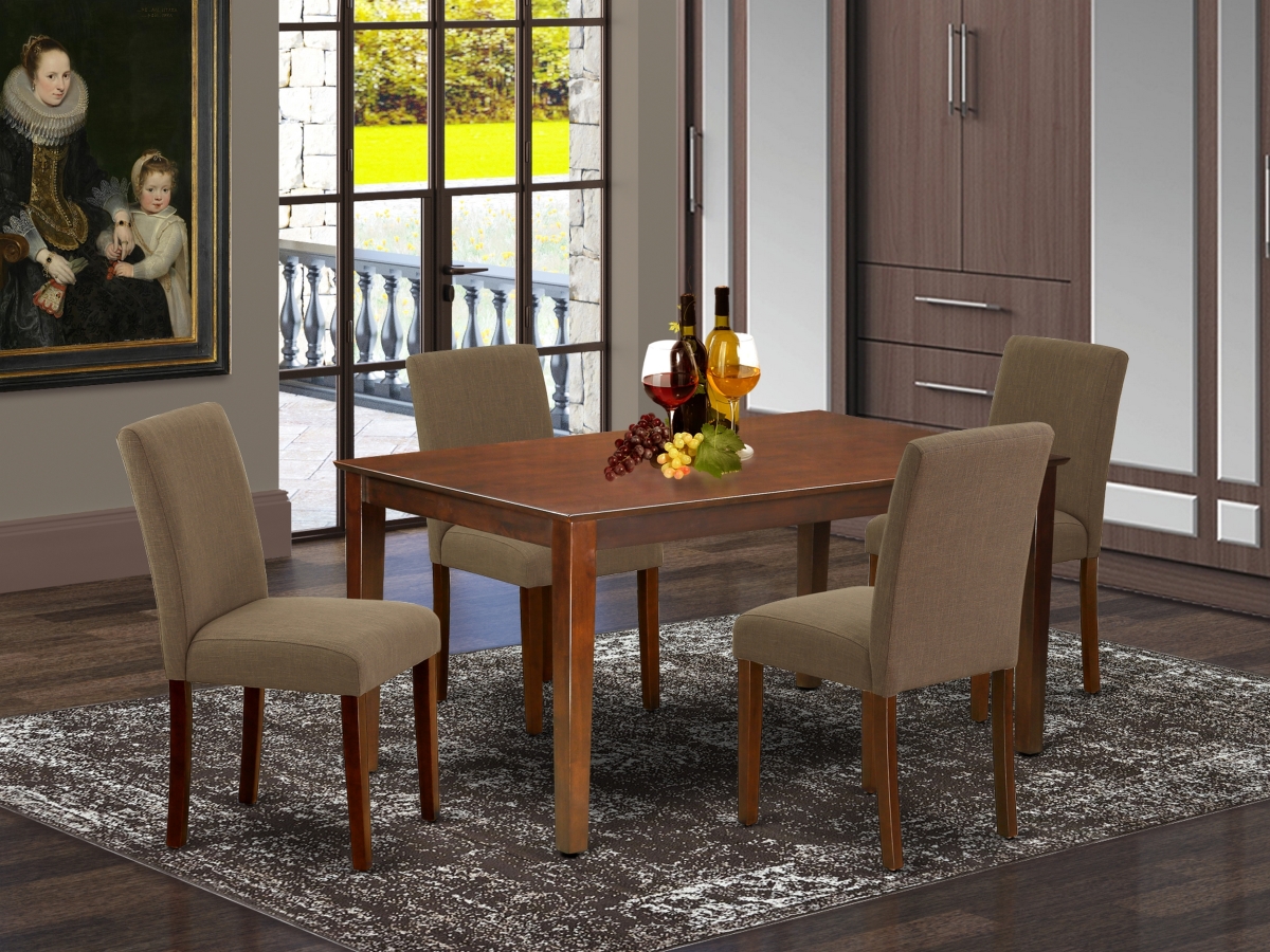 CAAB5-MAH-18 60 in. Capri Rectangle Dining Room Table & 4 Parson Chair with Mahogany Leg & Linen Fabric - Coffee, 5 Piece
